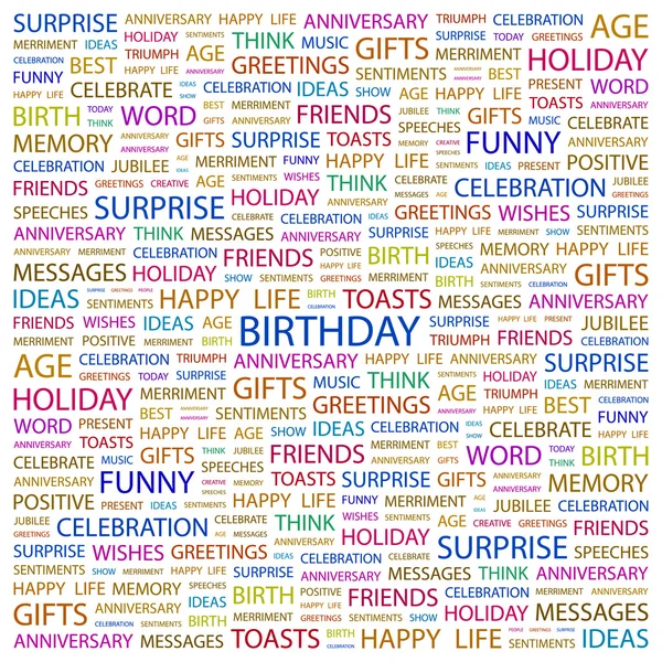 BIRTHDAY. Collage de mots sur fond blanc — Image vectorielle