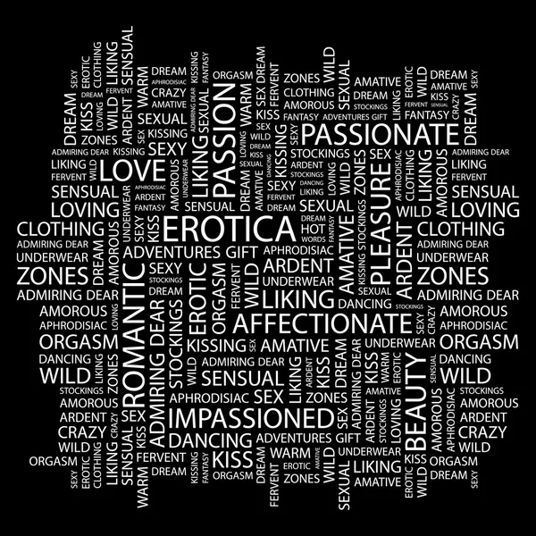 EROTICA. Collage di parole su sfondo nero — Vettoriale Stock