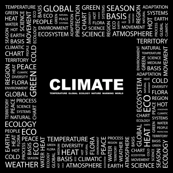 Klimaat. woord collage op zwarte achtergrond — Stockvector