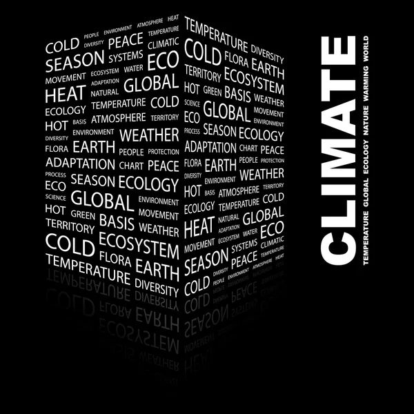Klimaat. woord collage op zwarte achtergrond — Stockvector