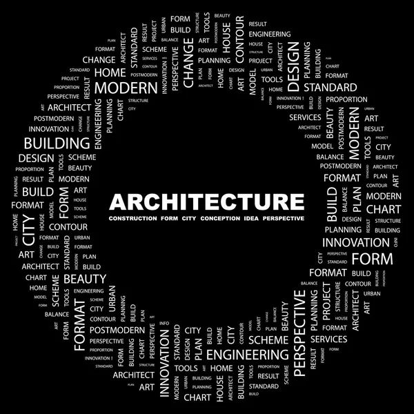 Arhitectura. Cuvânt colaj pe fundal negru — Vector de stoc