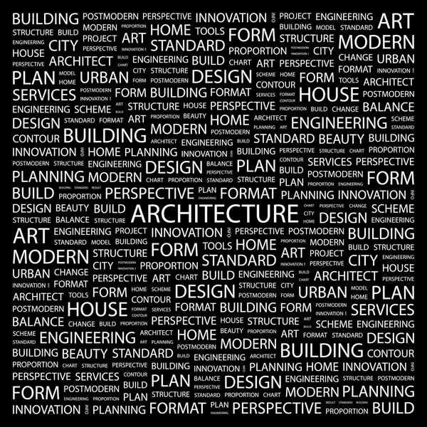 ARCHITECTURE. Word collage on black background — Stock Vector