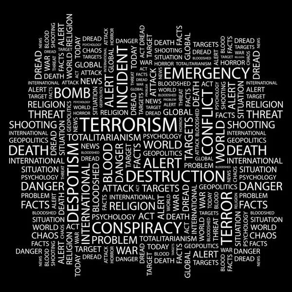 TERRORISMO. Collage di parole su sfondo nero — Vettoriale Stock