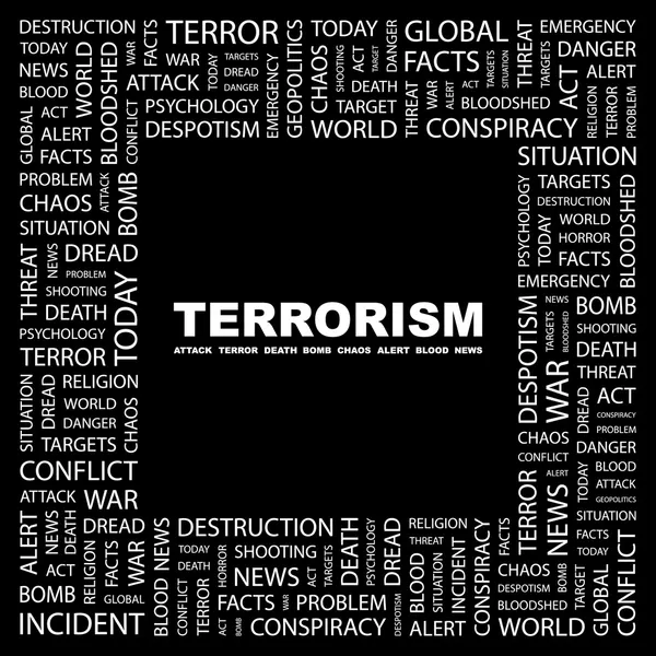 TERRORISMO. collage palabra sobre fondo negro — Vector de stock