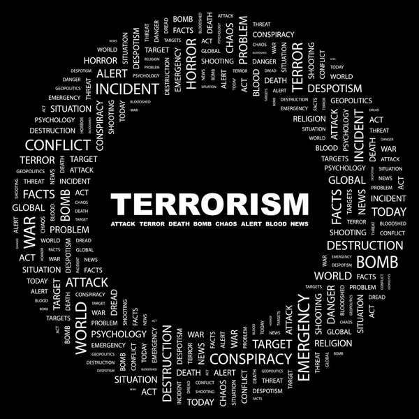 Terrorism. ordet collage på svart bakgrund — Stock vektor