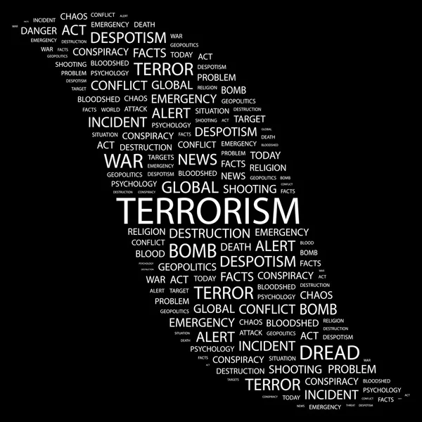 TERRORISMO. Collage di parole su sfondo nero — Vettoriale Stock