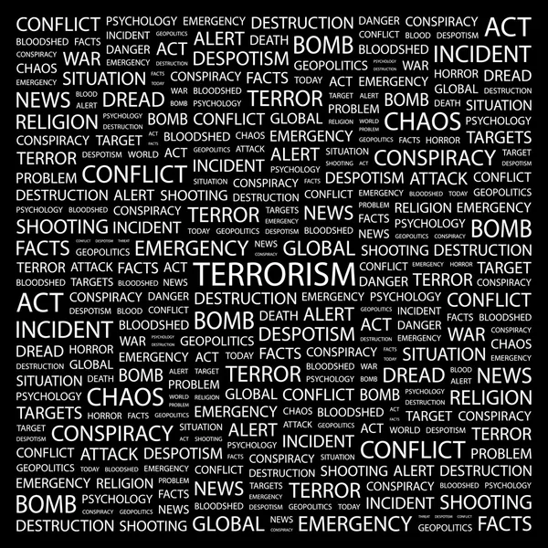 Terrorisme. woord collage op zwarte achtergrond — Stockvector