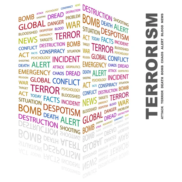 TERRORISMO. Collage di parole su sfondo bianco — Vettoriale Stock