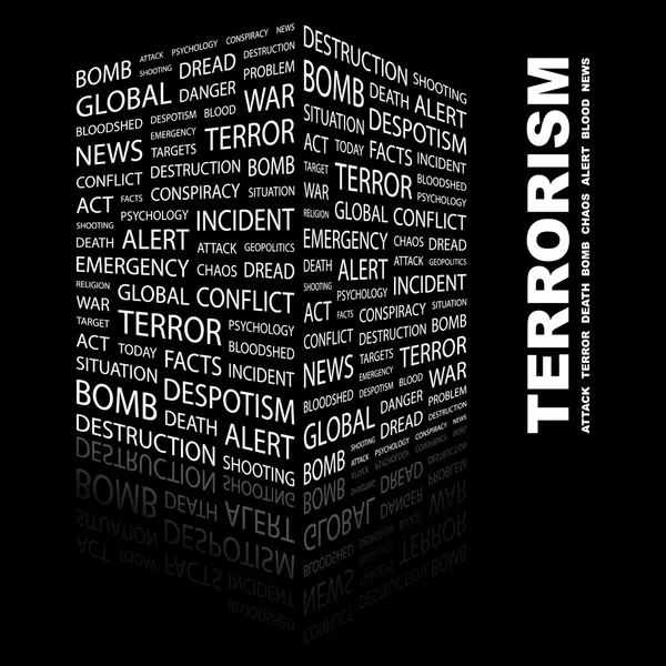 テロ。黒の背景に単語のコラージュ — ストックベクタ