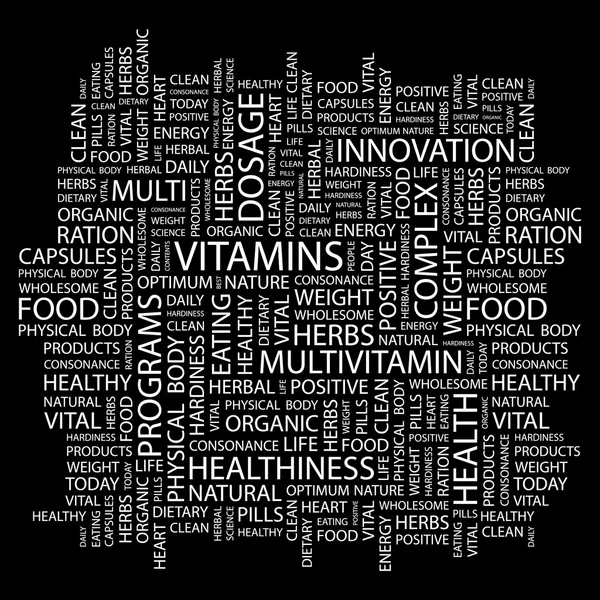 Vitaminer. ordet collage på svart bakgrund — Stock vektor