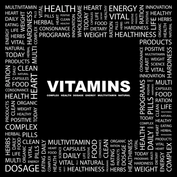 Vitamíny. slovo koláž na černém pozadí — Stockový vektor