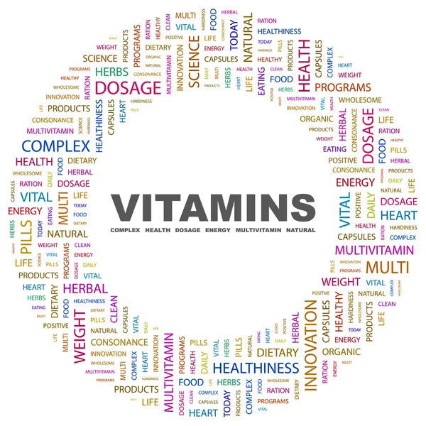 Vitamíny. slovo koláž na bílém pozadí — Stockový vektor