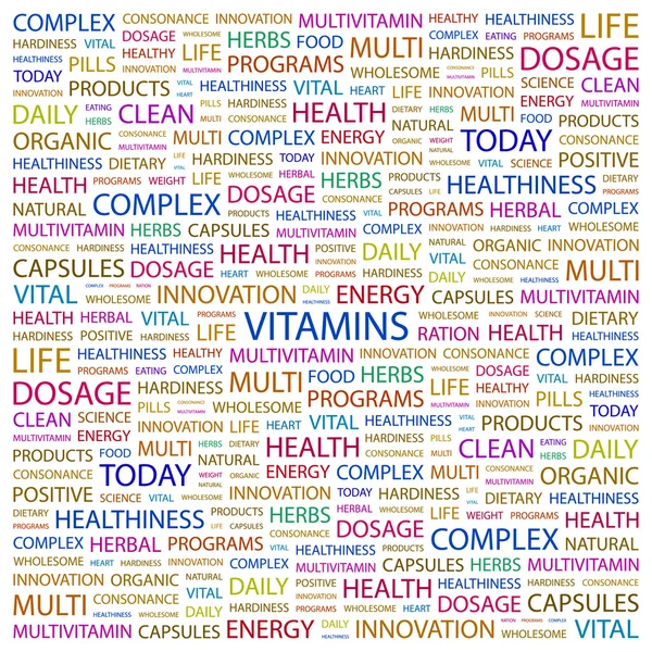 Vitaminer. ordet collage på vit bakgrund — Stock vektor