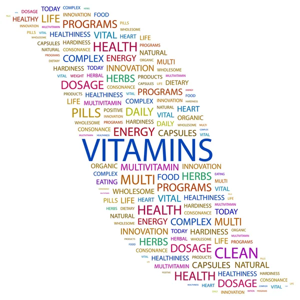 Vitaminen. woord collage op witte achtergrond — Stockvector