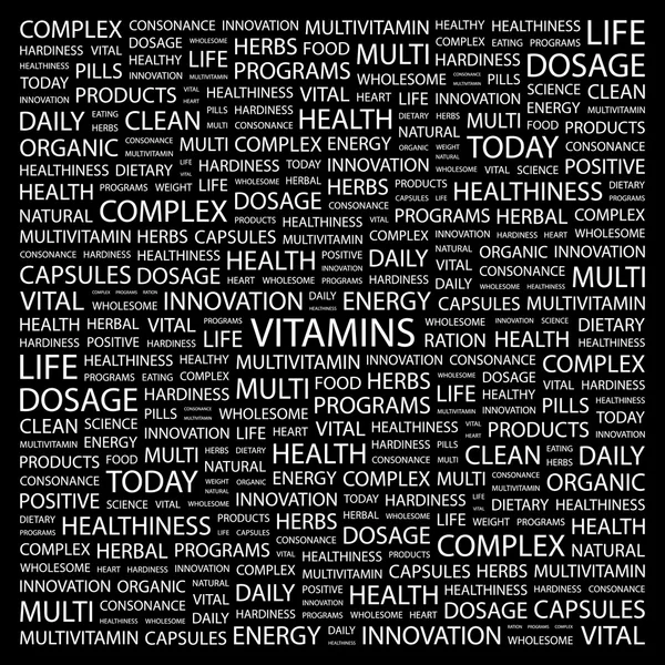 Vitamine. Wortcollage auf schwarzem Hintergrund — Stockvektor
