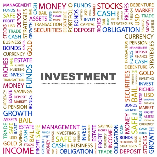 Investice. slovo koláž na bílém pozadí — Stockový vektor