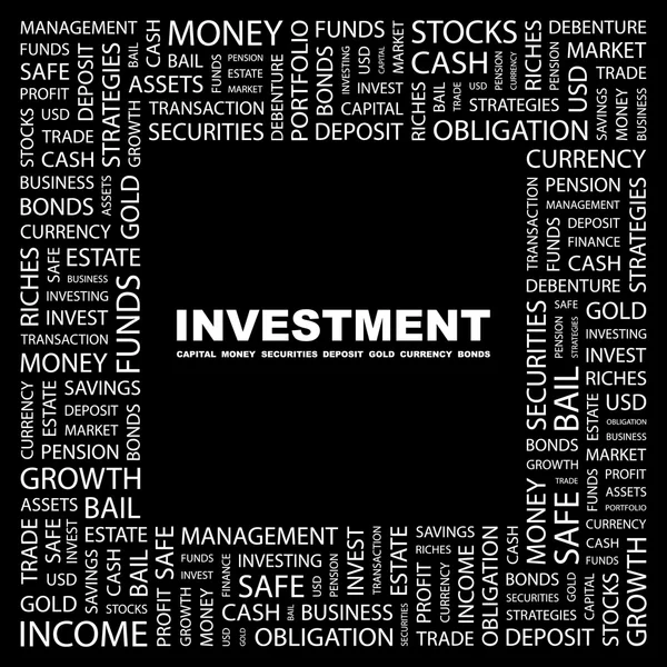Investeringen. woord collage op zwarte achtergrond. — Stockvector