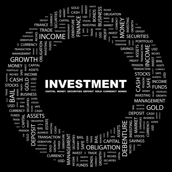 Επενδύσεων. λέξη κολάζ σε μαύρο φόντο. — Διανυσματικό Αρχείο