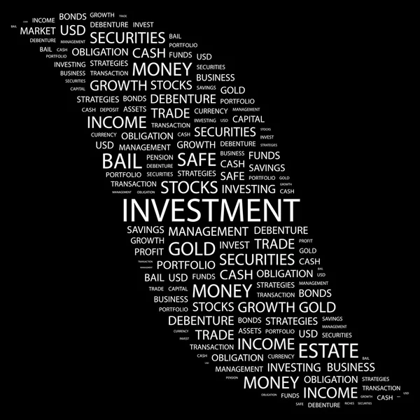 INVESTMENT. Word collage on black background. — Stock Vector