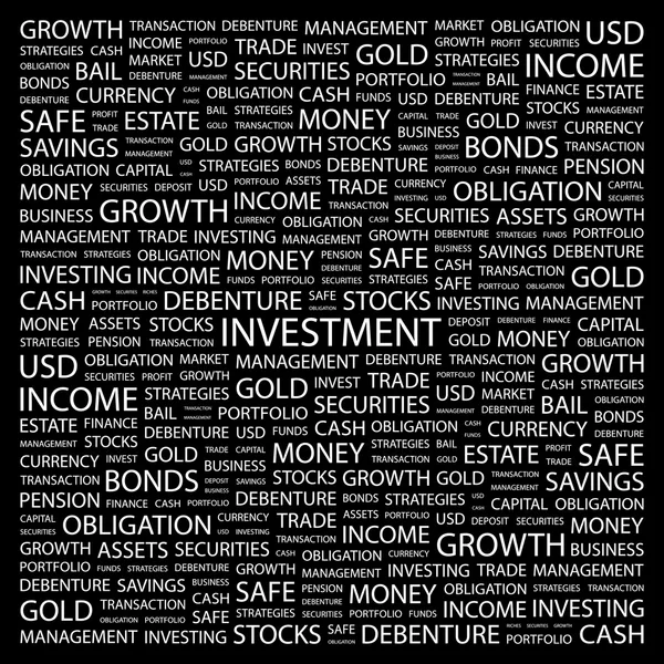 Investeringar. ordet collage på svart bakgrund. — Stock vektor