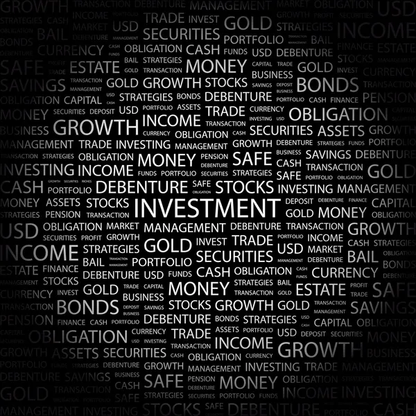 Investeringen. woord collage op zwarte achtergrond. — Stockvector