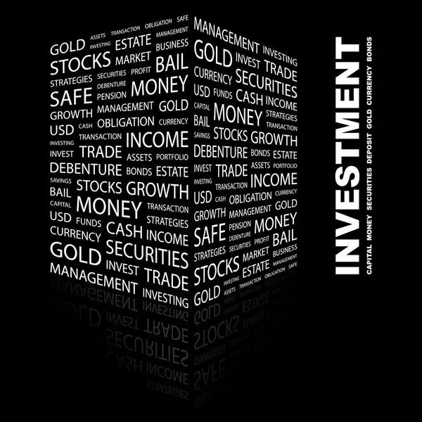Investitionen. Wortcollage auf schwarzem Hintergrund. — Stockvektor