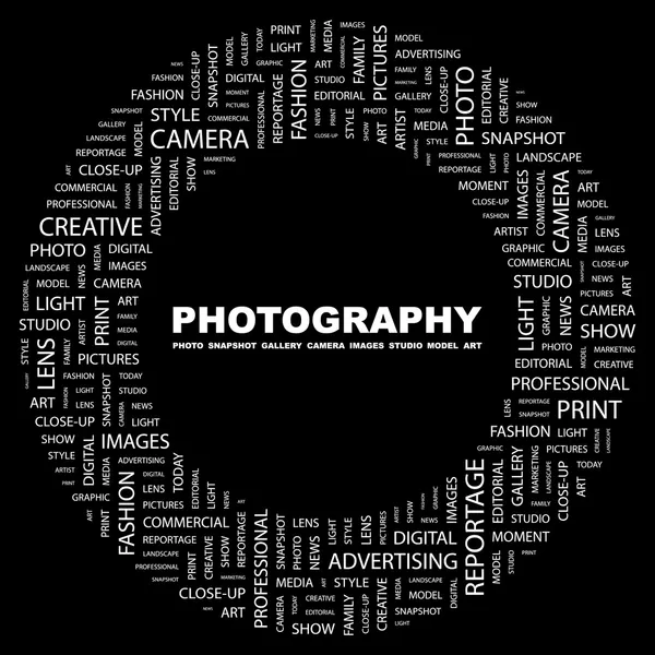 PHOTOGRAPHY. Word collage on black background — Stock Vector