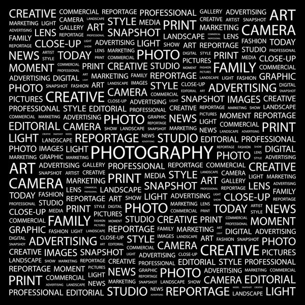 PHOTOGRAPHY. Word collage on black background — Stock Vector