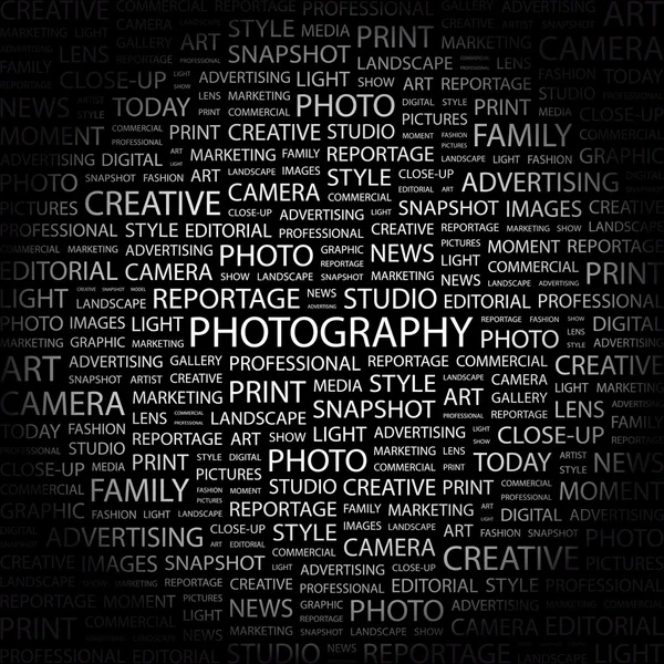 FOTOGRAFÍA. collage palabra sobre fondo negro — Vector de stock