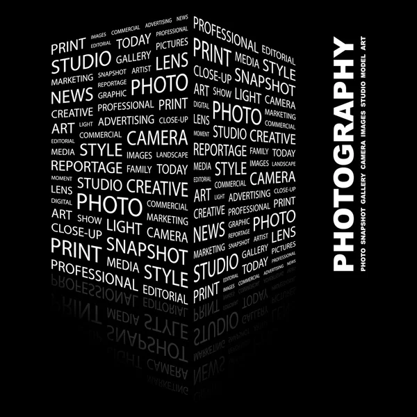 PHOTOGRAPHY in Verbindung setzen. Wortcollage auf schwarzem Hintergrund — Stockvektor