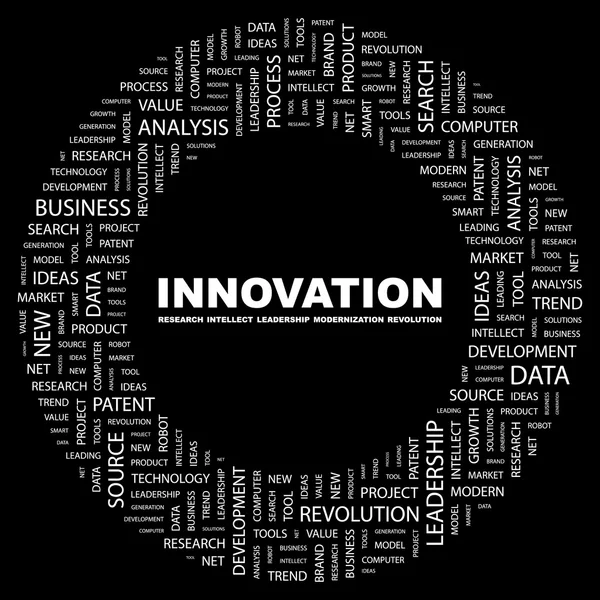 Innovatie. woord collage op zwarte achtergrond — Stockvector