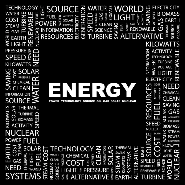 エネルギー。黒の背景に単語のコラージュ — ストックベクタ
