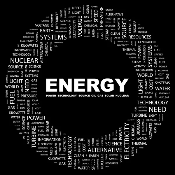 エネルギー。黒の背景に単語のコラージュ — ストックベクタ