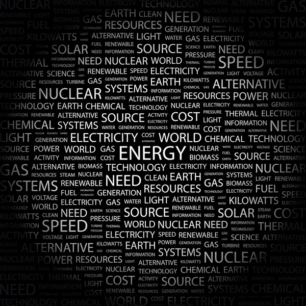 Energie. woord collage op zwarte achtergrond — Stockvector