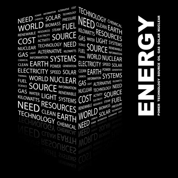 Energie. slovo koláž na černém pozadí — Stockový vektor