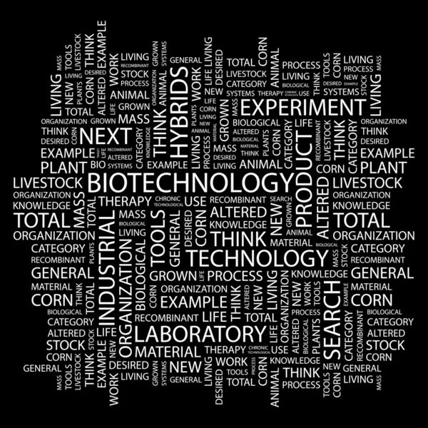 Biotechnologie. woord collage op zwarte achtergrond — Stockvector