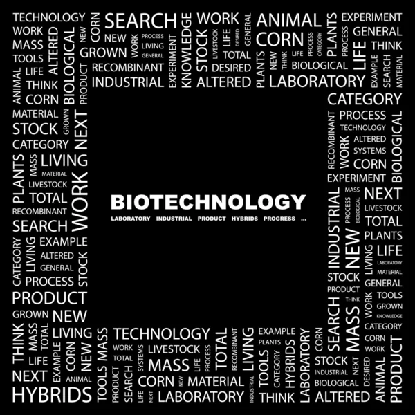Biyoteknoloji. siyah arka plan üzerinde kelime kolaj — Stok Vektör