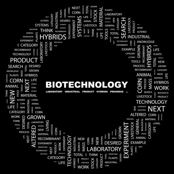 BIOTECNOLOGÍA. collage palabra sobre fondo negro — Vector de stock