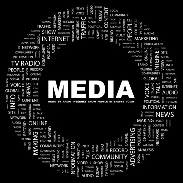 Média. slovo koláž na černém pozadí — Stockový vektor