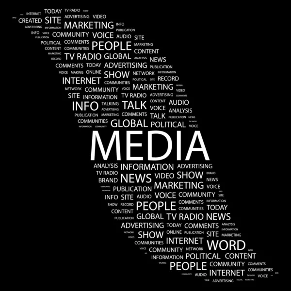 Μέσα μαζικής ενημέρωσης. λέξη κολάζ σε μαύρο φόντο — Διανυσματικό Αρχείο