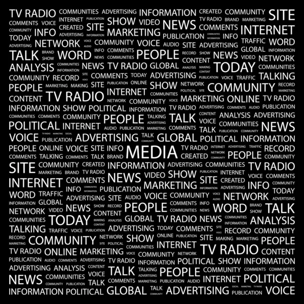MEDIA. Collage di parole su sfondo nero — Vettoriale Stock