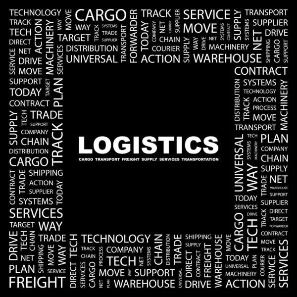 Logistics. λέξη κολάζ σε μαύρο φόντο — Διανυσματικό Αρχείο