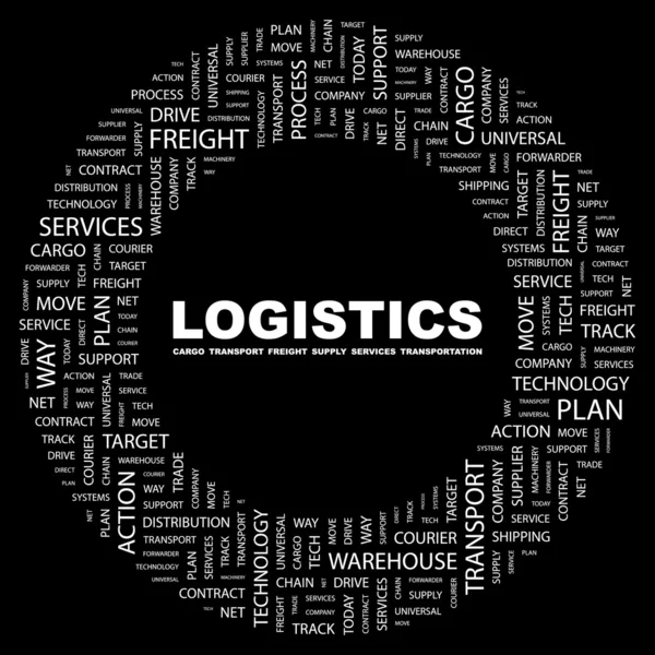 Logistika. slovo koláž na černém pozadí — Stockový vektor