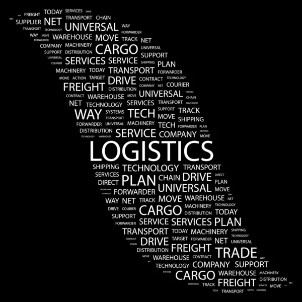 Logistika. slovo koláž na černém pozadí — Stockový vektor