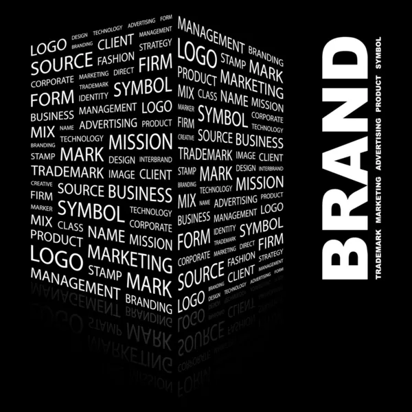 ¡Brand! collage palabra sobre fondo negro . — Vector de stock