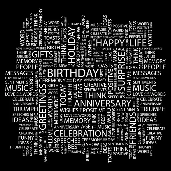 BIRTHDAY. Word collage on black background — Stock Vector