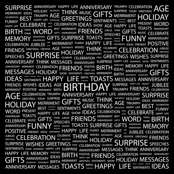 BIRTHDAY. Word collage on black background — Stock Vector
