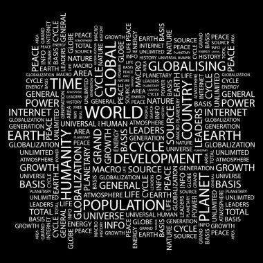 WORLD. Word collage on black background clipart