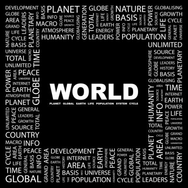 WORLD. Word collage on black background clipart