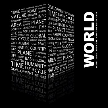 WORLD. Word collage on black background clipart